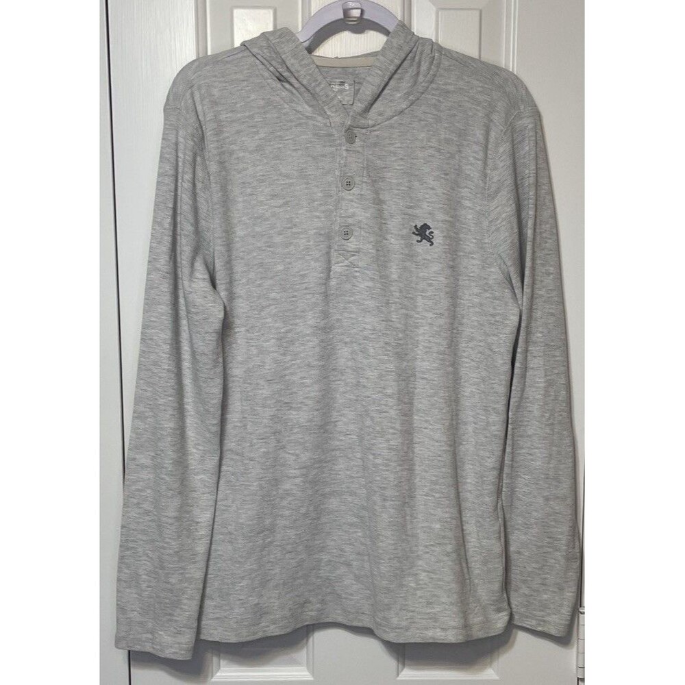 Express Men’s Gray Waffle Knit Henley Hoodie Long Sleeve Size Large Casual Top